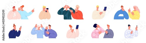 Surprised news. Young excitement waiting, surprise moment of friends. Excited happy beautiful girl with phone, teenager and adult utter vector characters