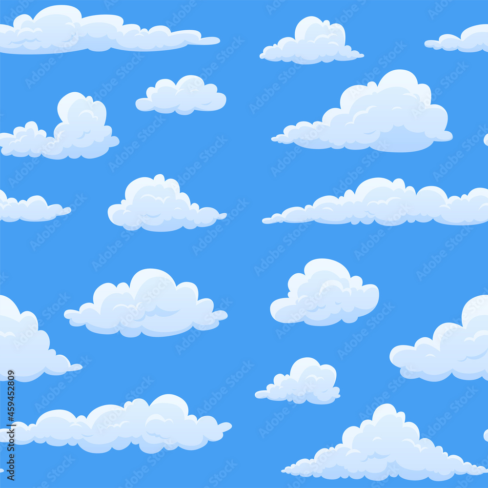 White cloud blue sky seamless pattern vector illustration. Decorative childish wallpaper cloudscape White cloud blue sky seamless pattern vector illustration. Decorative childish wallpaper cloudscape