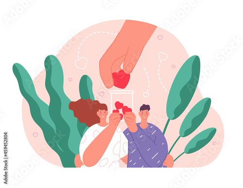 Donation concept. Love share, volunteer collect support or social help. Hand with heart, financially helping for people. Philanthropy utter vector scene