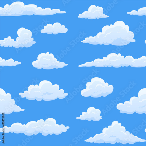 Fototapeta Naklejka Na Ścianę i Meble -  White cloud blue sky seamless pattern vector illustration. Decorative childish wallpaper cloudscape