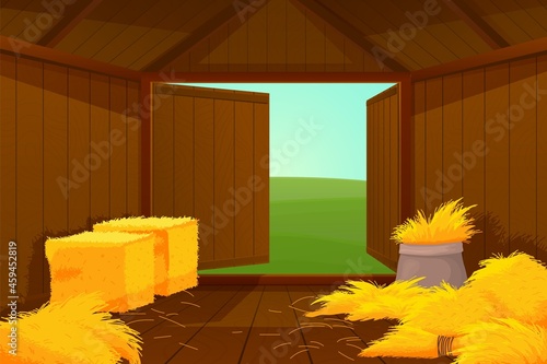 Inside barn house. Cartoon farm wooden, hay or straw inside. Door open into meadow, shed for instruments and agriculture tools recent vector scene