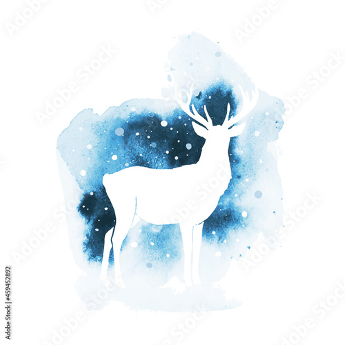 Vector silhouette of raindeer. Watercolor winter illustration with isolated animal and watercolor splash. Watercolor Christmas design for poster, banner, postcard