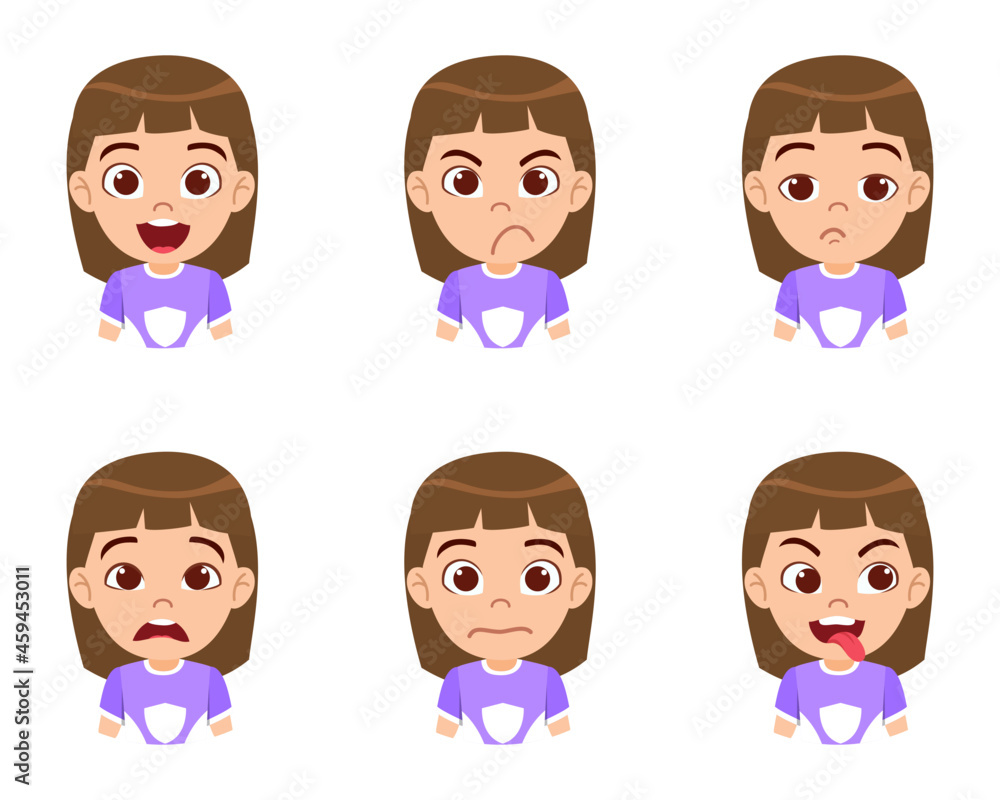Cute beautiful kid girl character avatar with different emotions and facial expression isolated on white background Cute beautiful kid girl character avatar with different emotions and facial expression isolated on white background