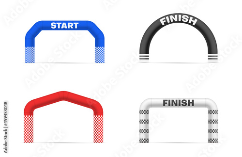 Colored inflatable arches set realistic vector illustration. Air rubber gate columns entrance exit