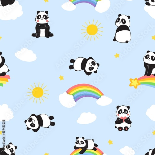 Cute panda print. Childish seamless pattern with cartoon pandas, rainbow and sun. Cartoon wild animal vector texture