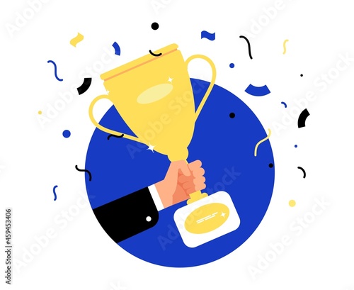 Winning gold cup. Businessman hold prize, award emblem. Win or victory, abstract hand with trophy vector label
