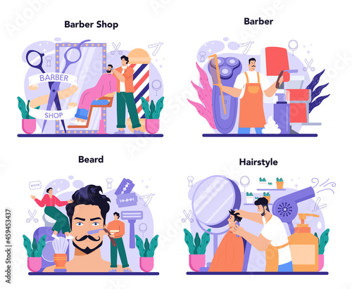 Barber concept set. Idea of hair and beard care. Hair cutting process