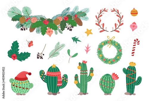 Winter holiday decorations. Christmas wreath, scandinavian style branches and xmas tree toys. Leaves, red berries and cacti with festive garlands vector clipart