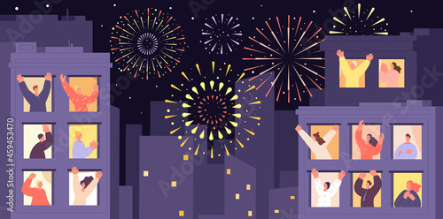 Party celebration from home. Holiday city night, people standing in windows and balcony. Neighbors look fireworks from apartments utter vector scene
