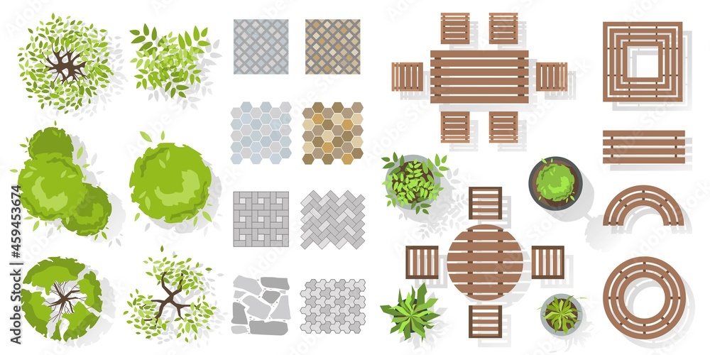 Landscape design elements top view. Vector set. Collection of outdoor wooden furniture, plants, trees, tile. Architectural elements in flat style. Tables, benches, chairs. Isolated vector Illustration