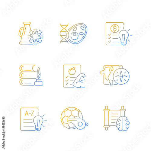 Various school subjects gradient linear vector icons set. Humanities and applied sciences. Health course in schools. Thin line contour symbols bundle. Isolated outline illustrations collection
