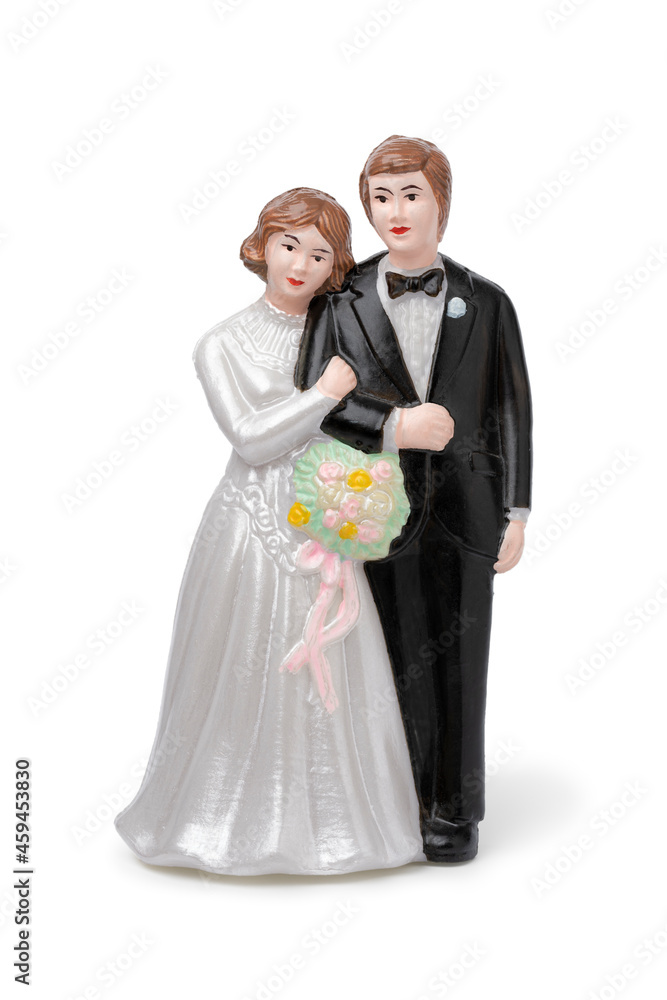Bride and groom, vintage cake topper isolated on white background 