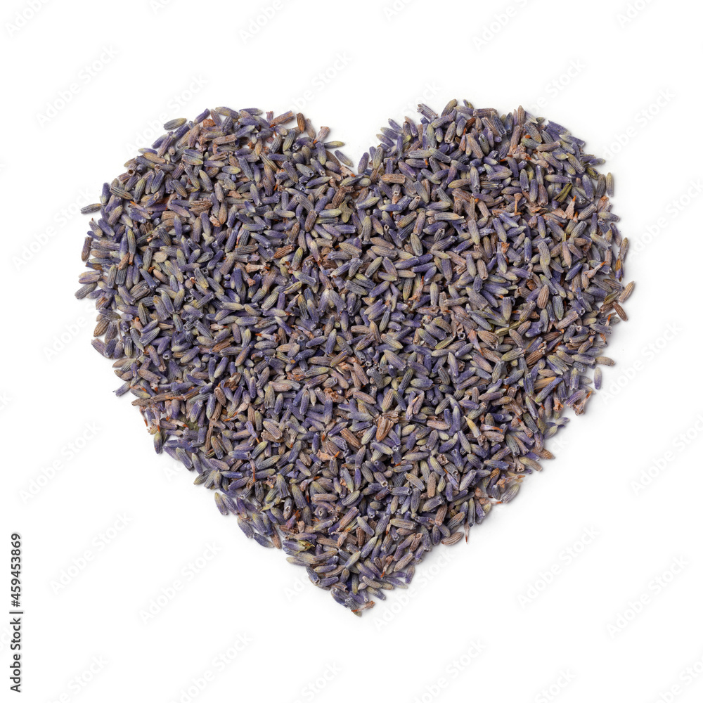 Dried purple lavender flowers close up in heart shape isolated on white background Dried purple lavender flowers close up in heart shape isolated on white background