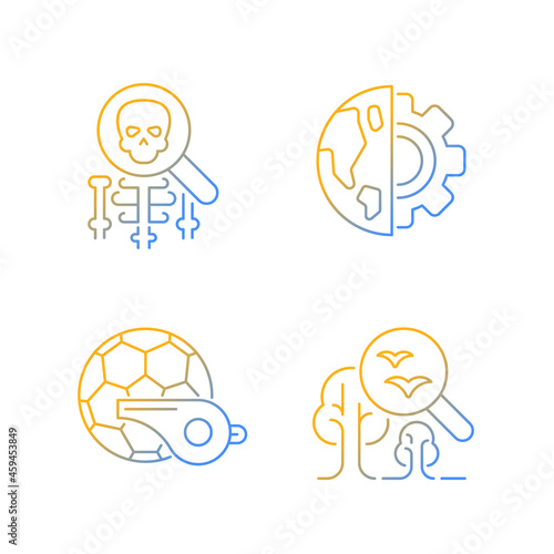 Variety of school subjects gradient linear vector icons set. Physical classes in educational institutions. Thin line contour symbols bundle. Isolated outline illustrations collection