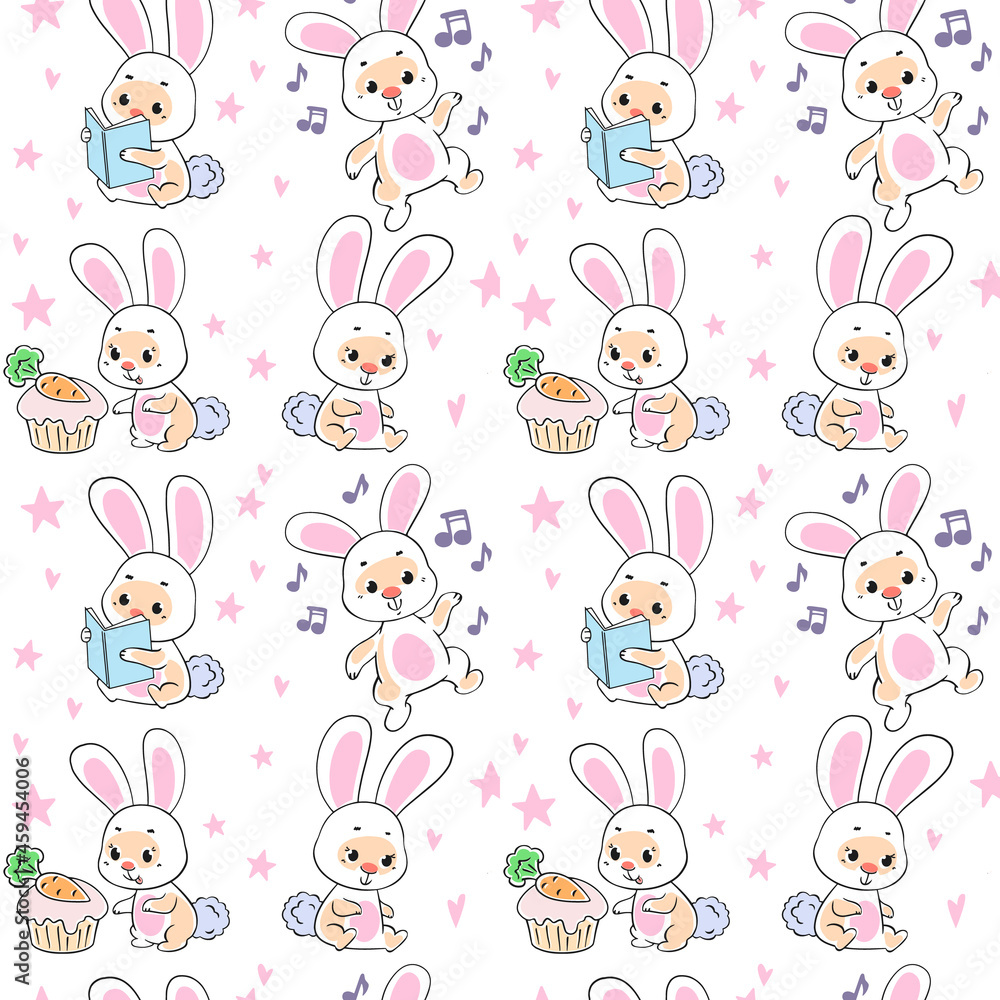 Seamless pattern with cute pink bunnies on a white background. Vector Easter illustration in children s flat style, drawing by hands. Print for textiles, print design, postcards Seamless pattern with cute pink bunnies on a white background. Vector Easter illustration in children s flat style, drawing by hands. Print for textiles, print design, postcards