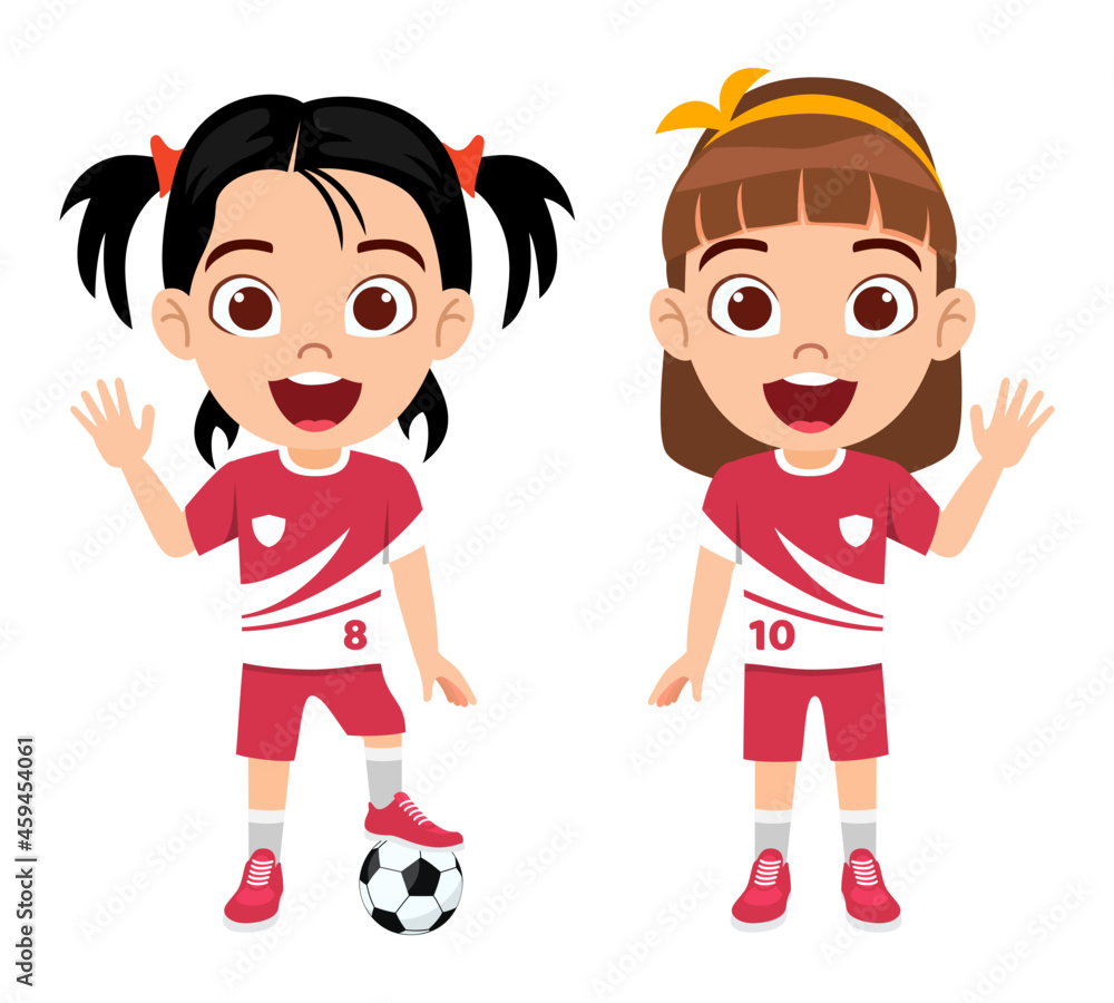 Happy kid girl footballer character standing with football and waving isolated on white background Happy kid girl footballer character standing with football and waving isolated on white background