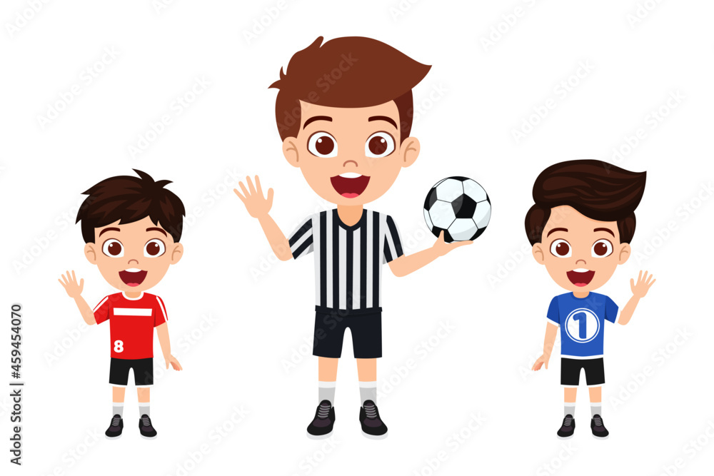 Happy kid boy footballer character standing with football and waving and with referee Happy kid boy footballer character standing with football and waving and with referee