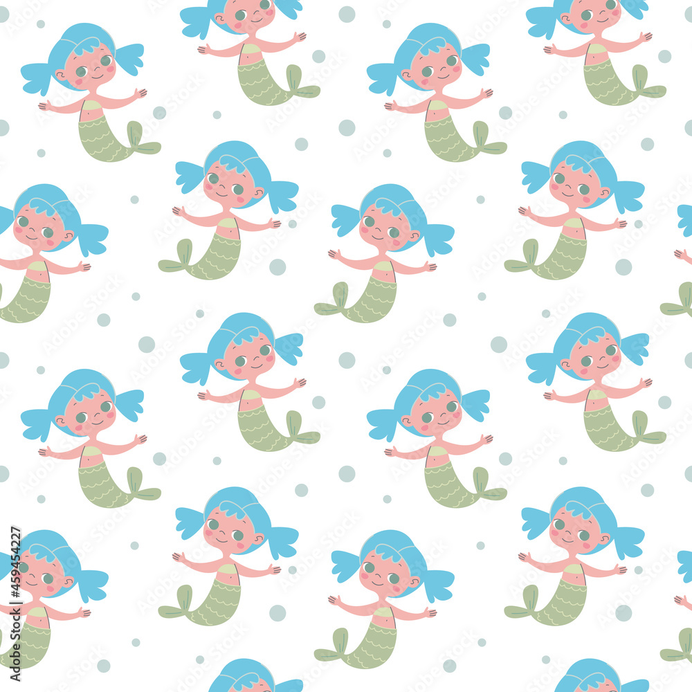 Cute little mermaids with blue hair and green tails. Seamless pattern with baby girls on a white background. Vector illustration in minimalistic flat style, hand drawing. Children s print for textiles Cute little mermaids with blue hair and green tails. Seamless pattern with baby girls on a white background. Vector illustration in minimalistic flat style, hand drawing. Children s print for textiles