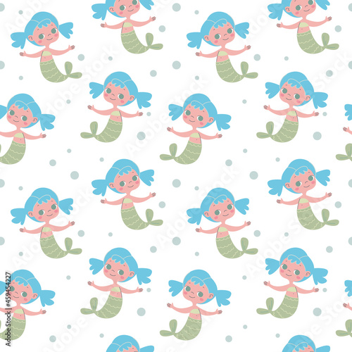 Cute little mermaids with blue hair and green tails. Seamless pattern with baby girls on a white background. Vector illustration in minimalistic flat style, hand drawing. Children s print for textiles