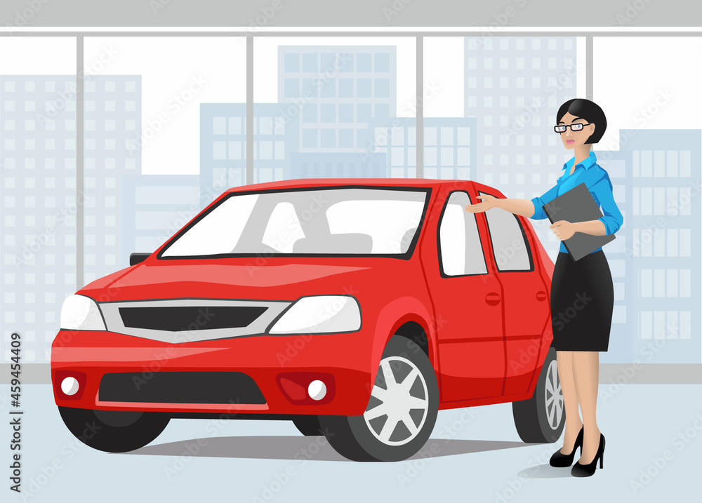 Car showroom. Seller woman shows a red car to a customer. City landscape in the background. Buying, selling or renting a car. Vector illustration in flat style Car showroom. Seller woman shows a red car to a customer. City landscape in the background. Buying, selling or renting a car. Vector illustration in flat style