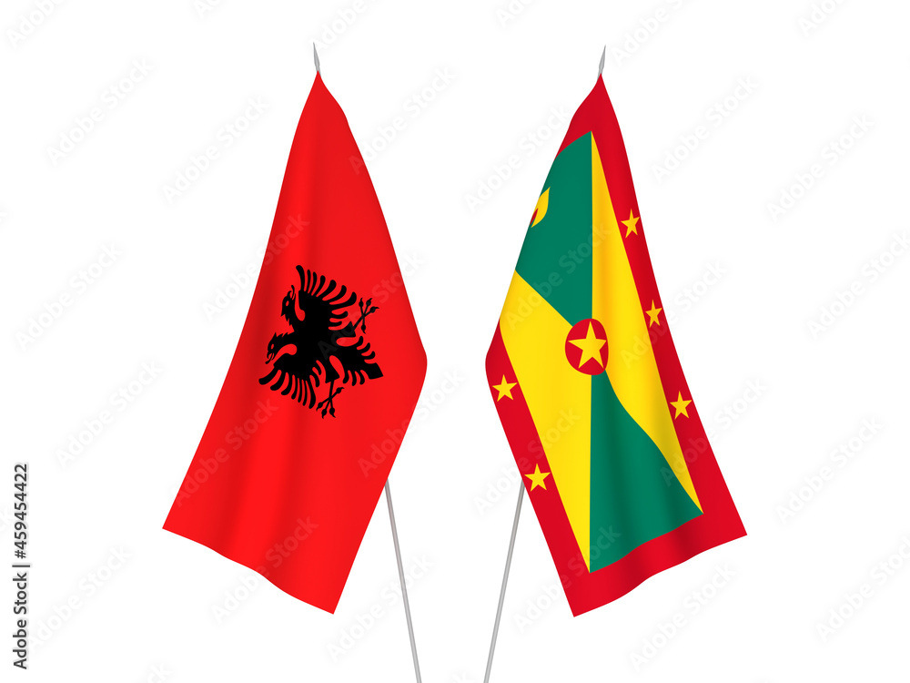 National fabric flags of Republic of Albania and Grenada isolated on white background. 3d rendering illustration. National fabric flags of Republic of Albania and Grenada isolated on white background. 3d rendering illustration.