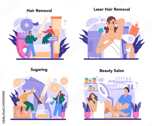Depilation and epilation concept set. Hair removal methods. Idea of body