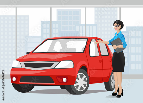 Car showroom. Seller woman shows a red car to a customer. City landscape in the background. Buying, selling or renting a car. Vector illustration in flat style