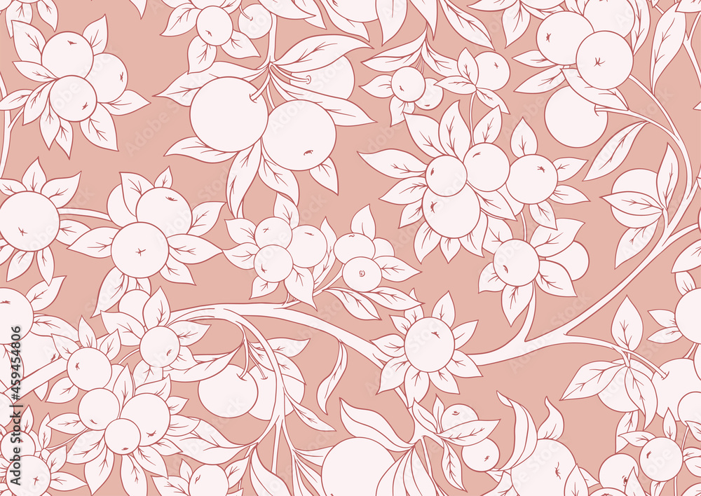 Apples on branches Seamless pattern, background. Vector illustration. In botanical style in soft colors.