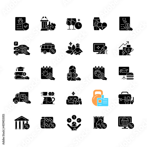 Employee perks and bonuses black glyph icons set on white space. Workplace benefits. Enhancing worker experience. Performance awards. Special payment. Silhouette symbols. Vector isolated illustration
