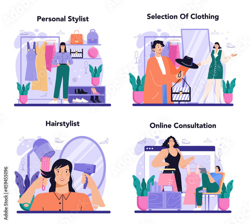 Fashion stylist concept set. Modern, creative job, professional fashion