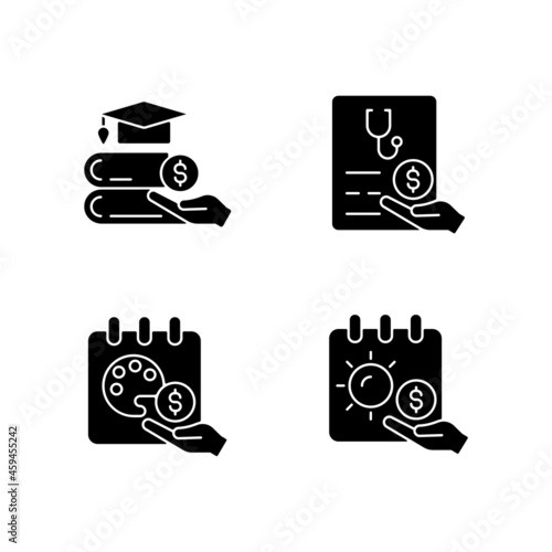 Workplace wellbeing benefits black glyph icons set on white space. Tuition reimbursement. Paid sick days. Sabbatical leave. Unlimited vacation. Silhouette symbols. Vector isolated illustration