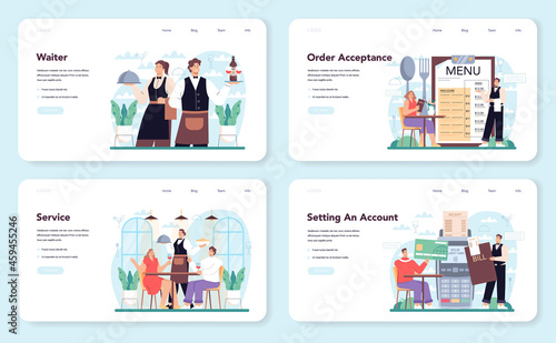 Waiter web banner or landing page set. Restaurant staff in the uniform