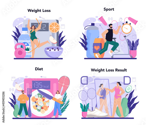 Slimming process set. Person losing weight with fitness exercise and healthy