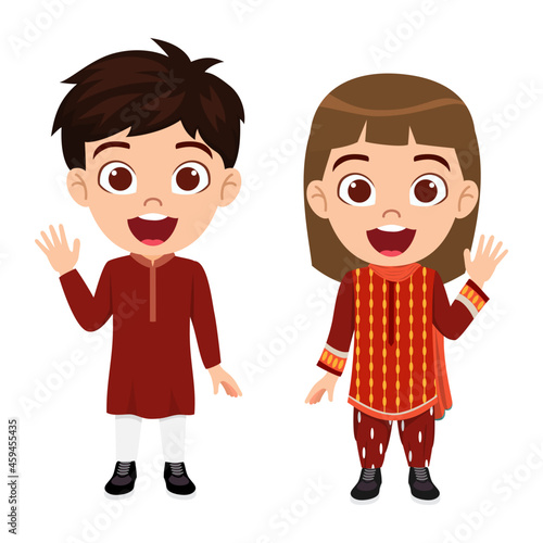 Happy cute kid boy and girl student character wearing beautiful Indian outfit