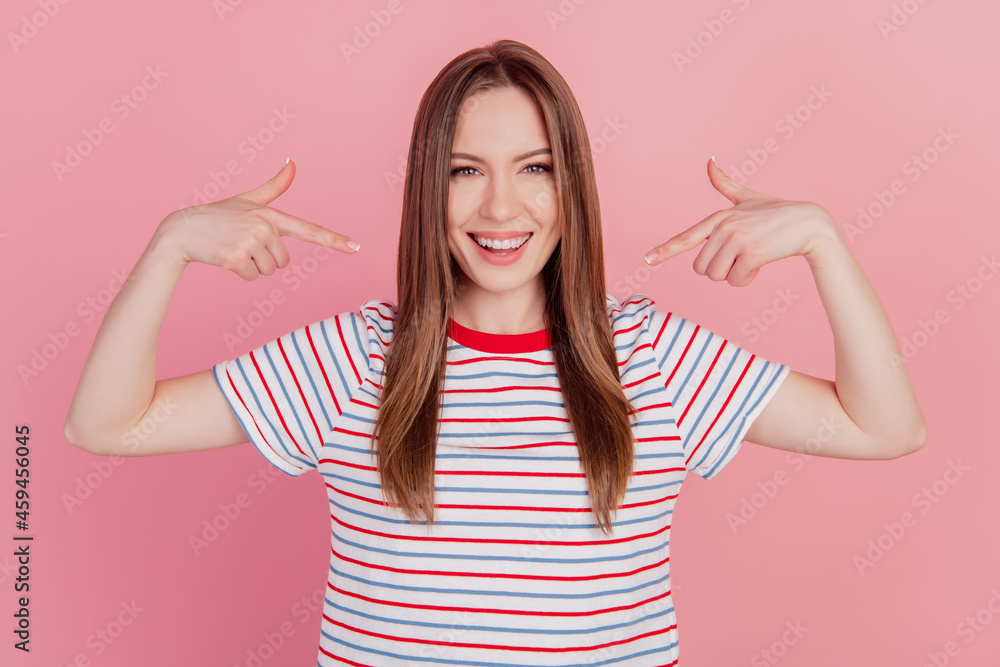 Portrait of crazy funny positive charming lady direct fingers herself on pink background Portrait of crazy funny positive charming lady direct fingers herself on pink background