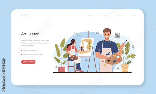 Art school education web banner or landing page. Student holding