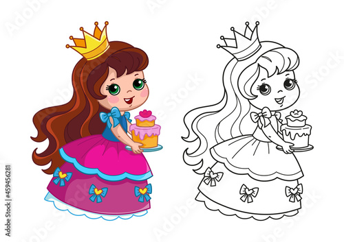 Coloring book with a princess in a beautiful pink fluffy dress holding a cake. Set with girl and black line coloring. Vector illustration with a coloring task and an example for children