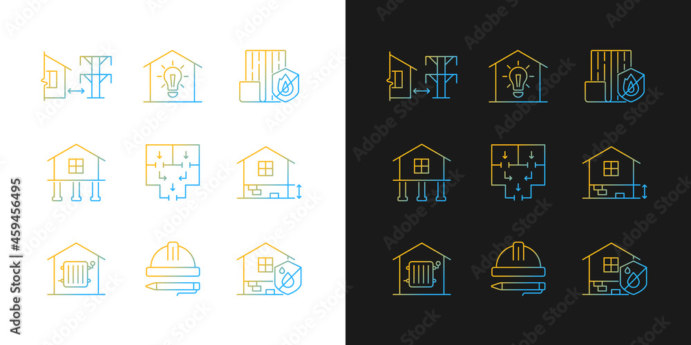 Building safety regulations gradient icons set for dark and light mode. Adequate housing. Thin line contour symbols bundle. Isolated vector outline illustrations collection on black and white