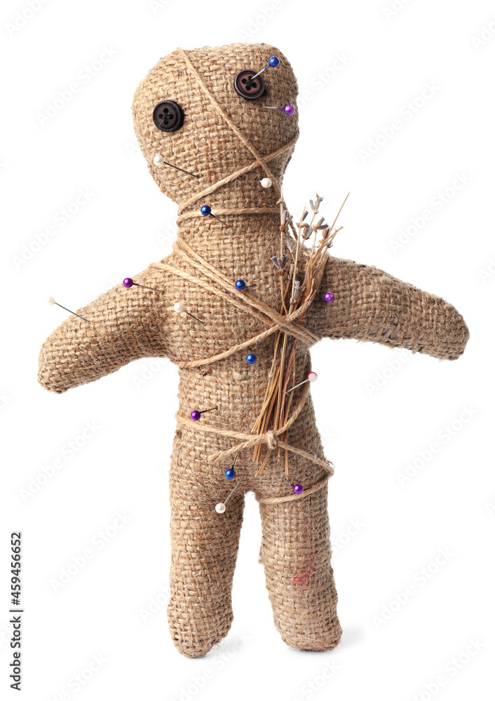 Voodoo doll with pins and dried flowers isolated on white Stock