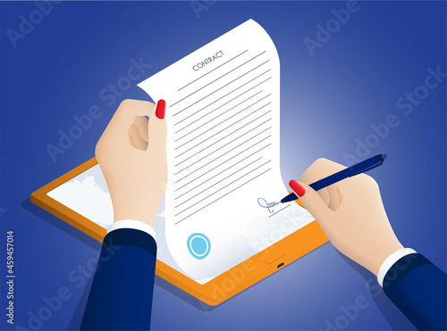 Isometric Concept. Business woman hand signs digital contract, long term agreement in tablet. Conclusion of transactions and certification of documents with digital signature. Vector