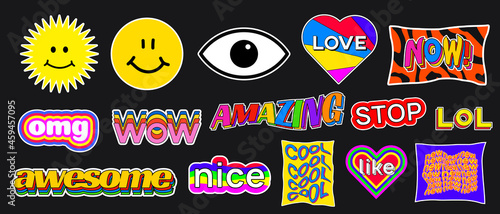 Set of trendy colorful stickers. Modern acid patches vector design. Cool badges. photo