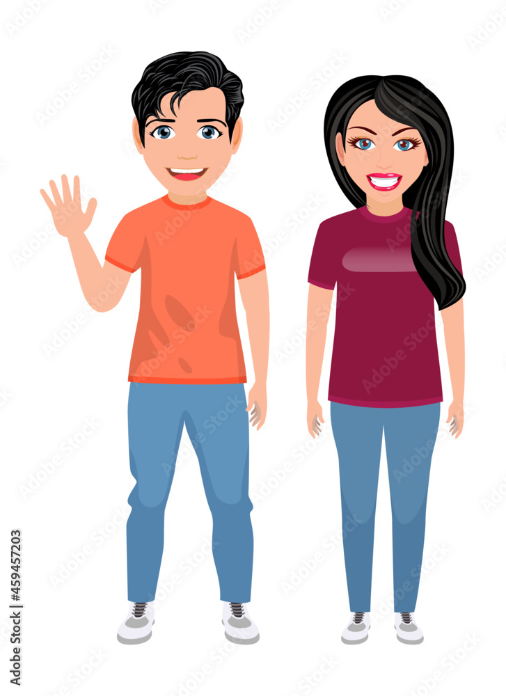 Happy cute student character couple standing together and waving 