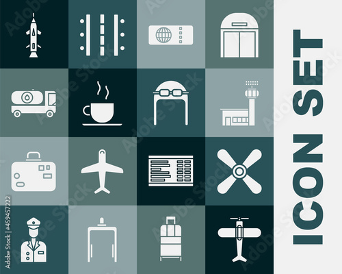 Set Plane, propeller, Airport control tower, Airline ticket, Coffee cup, Fuel tanker truck, Rocket and Aviator hat with goggles icon. Vector