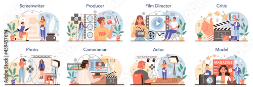 Movie making and showbusiness occupation set. Screenwriter, producer