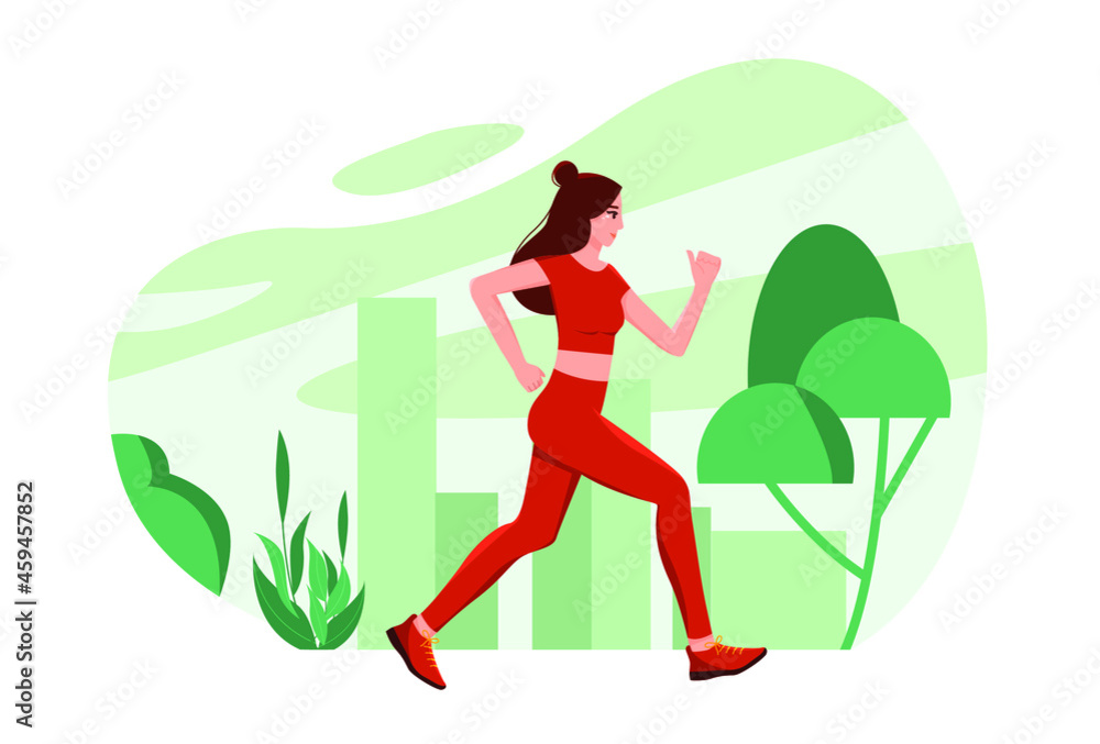 Young sportive woman running in the city park. Healthy lifestyle. Vector illustration in flat style. Young sportive woman running in the city park. Healthy lifestyle. Vector illustration in flat style.