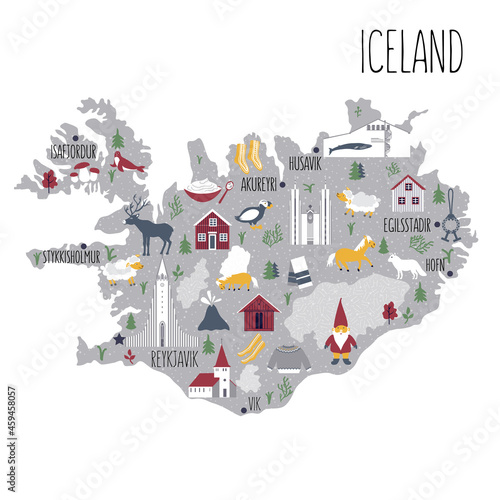 Cartoon map of Iceland, Nordic country geographic wallpaper, Icelandic landmark, animal, food national symbol, clothes vector cute illustration decorative poster, flat style for travel design and kids photo