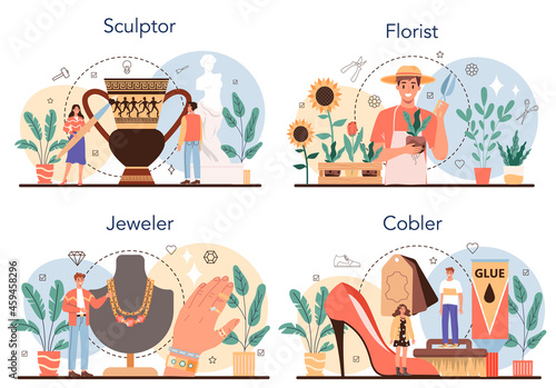 Artistic occupation set. Crafting process. Florist and sculptor, jeweler