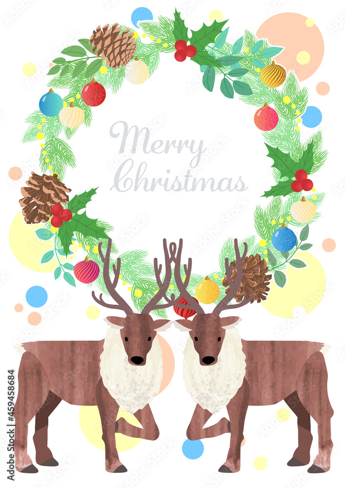 Naklejka premium クリスマスリースとトナカイのクリスマスカード ベクターイラスト