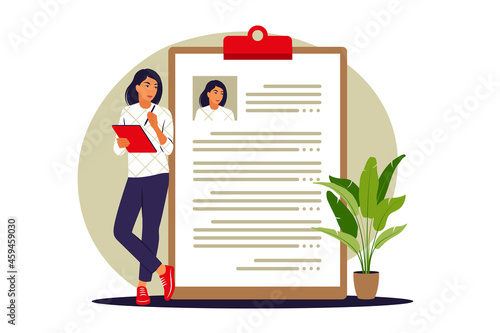 Resume concept. Woman makes resume. Vector illustration. Flat