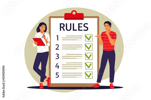 People studying list of rules. Making checklist. Reading guidance. Vector illustration. Flat.